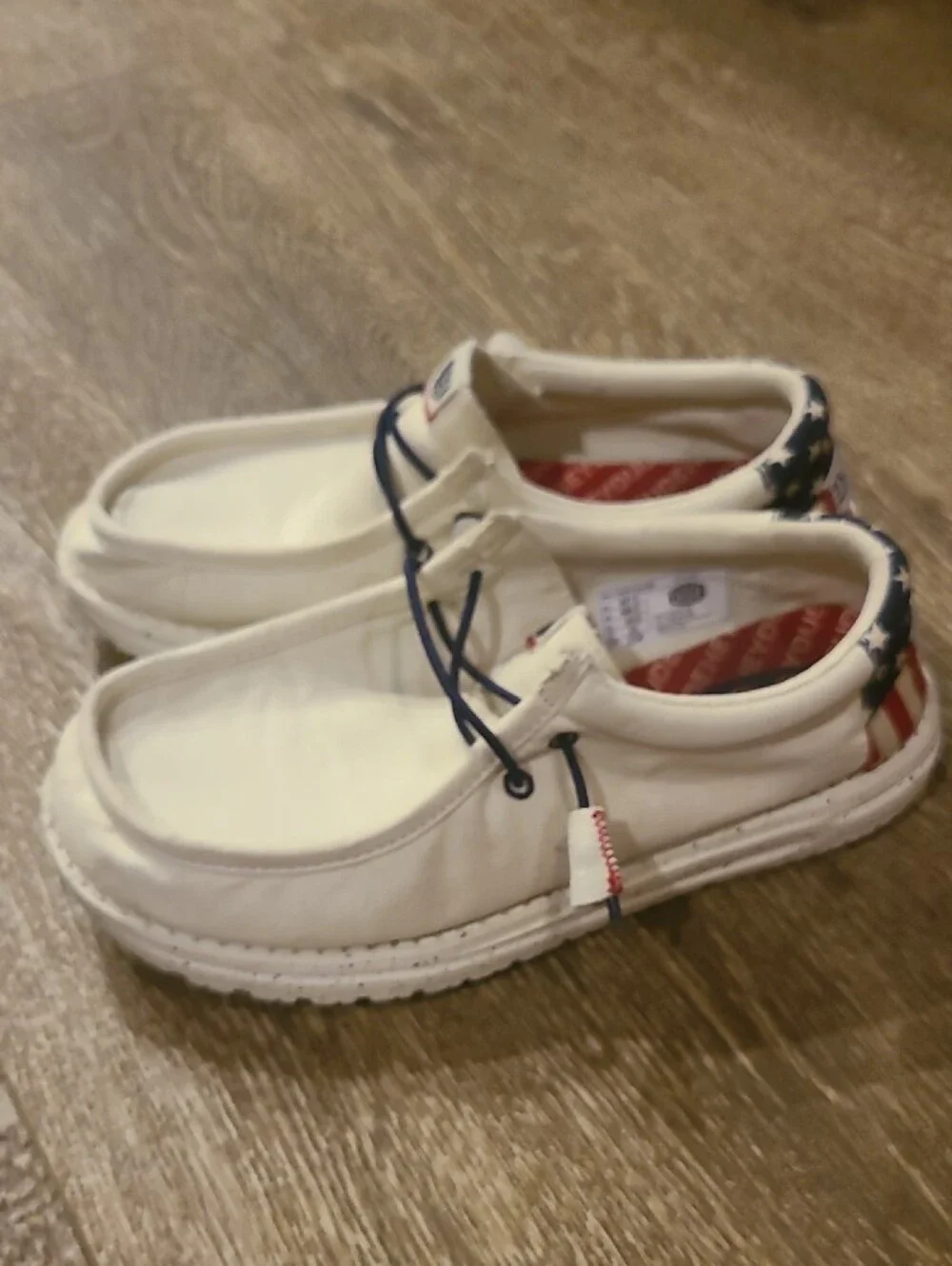 Hey Dude White Canvas Loafers with Navy Laces